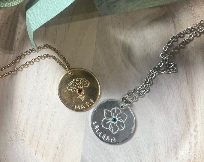 Birth Flower Necklace with Personalized Name, Custom Birthstone Gift, Valentines, Birthday, Anniversary, Graduation, Grandma, New Mom Gift