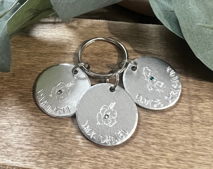 Birth Flower Keepsake Keychain, Kids Names, Round Silver Charms, Birthstones, Valentines Gift, Anniversary Gift, Gifts for Mom, Kids Gifts