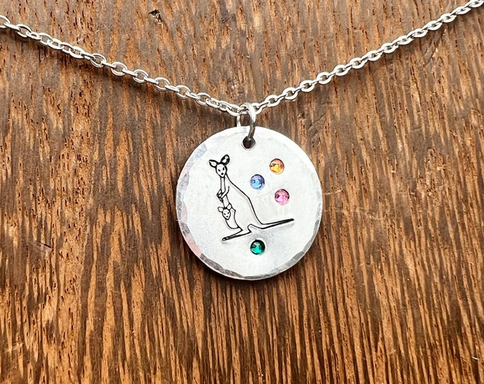 Mama and Baby Kangaroo or Otter Hand Stamped Necklace With Embedded Swarovski Birthstone Crystals, Customizable Mothers Day Gift