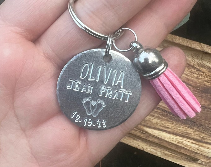Baby Keepsake Birthdate Keychain, Custom Baby Name Keychain, New Baby, New Mom, Birthday, Push Gift, with Colored Leather Tassel
