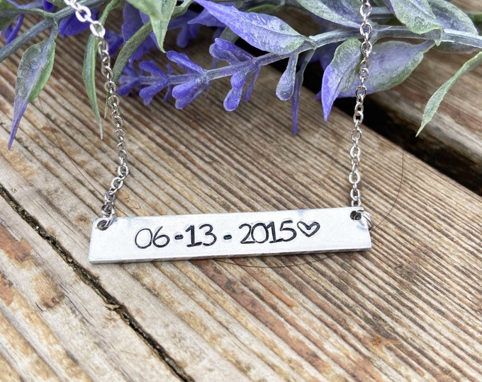 Custom Date Personalized Metal Stamped Bar Necklace With Simple Heart, Simple Necklace, Anniversary Gift, Mothers Day Gift