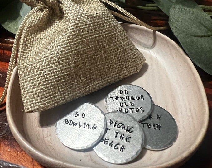 Date Night Tokens, Custom Date Night Helper, Choice Tokens, Anniversary Gift, Valentines Day Gift, Metal Stamped Tokens, Secret Pouch