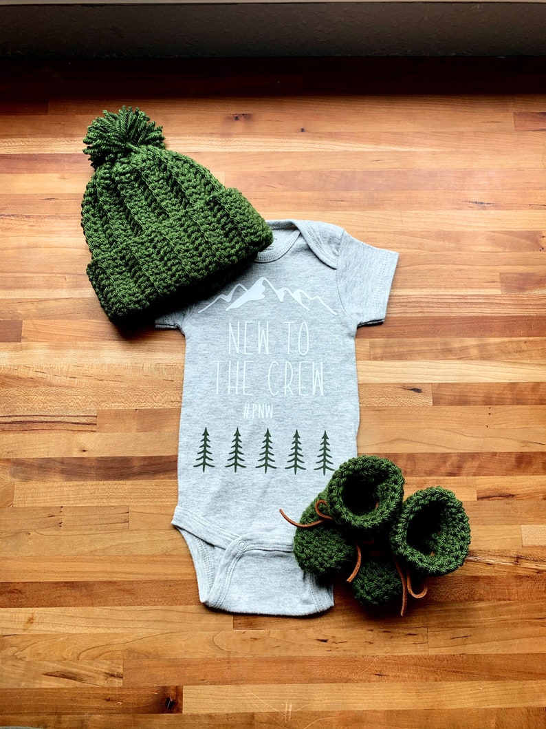 PNW New To The Crew Onesie Hat and Booties Newborn Gift Set