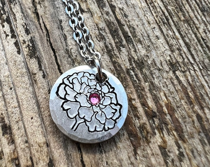 October Birth Flower Simple Necklace, Tourmaline Birthstone, Marigold Metal Stamped Charm, Birthday, Mothers Day, Anniversary,New Mom Gift