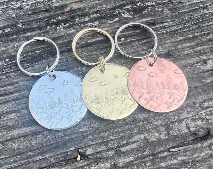 PNW Inspired Forest and Mountains Sunshine and Clouds Keychain. Metal Stamped Aluminum, Brass, Copper, Stocking Stuffer, Simple Holiday Gift