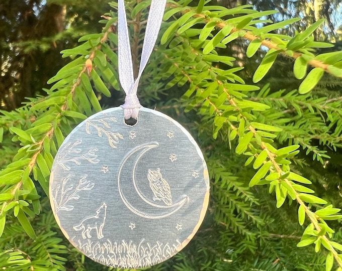 Metal Stamped Christmas Tree Ornament, Small Ornament, PNW ornament, Moon and stars with wolf, branches, and owl, night scene Christmas Gift