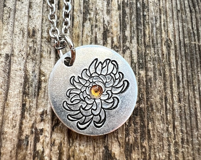 November Birth Flower Simple Necklace, Topaz Birthstone, Chrysanthemum Metal Stamped Charm, Birthday, Mothers Day, Anniversary,New Mom Gift
