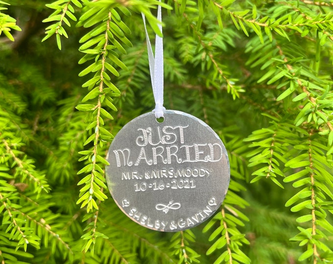 Custom Metal Stamped wedding Christmas Tree Ornament, Just Married, Wedding Gift, Lightweight, Personal, Keepsake, wedding date engraved