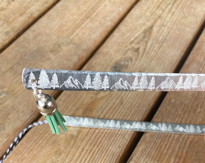 PNW Trees and Mountains, Aluminum Silver Metal Stamped Bookmark. Hiker, Book Lover, Anniversary, Graduation, Mothers Day, Fathers Day Gift