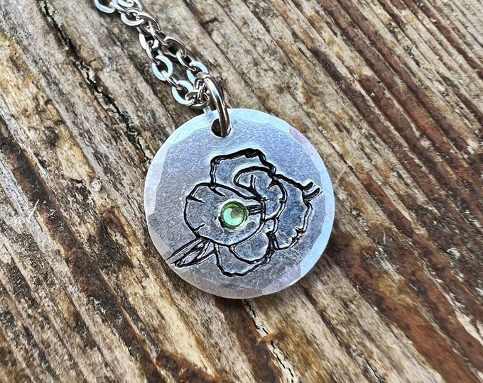 August Birth Flower Simple Necklace, Peridot Birthstone, Gladiolus Metal Stamped Charm, Birthday, Mothers Day, Anniversary,New Mom Gift