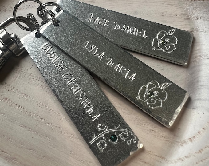 Birth Flower Keepsake Keychain, Kids Names,  Silver Bar Charms, Birthstones, Valentines Gift, Anniversary Gift, Gifts for Mom, Kids Gifts