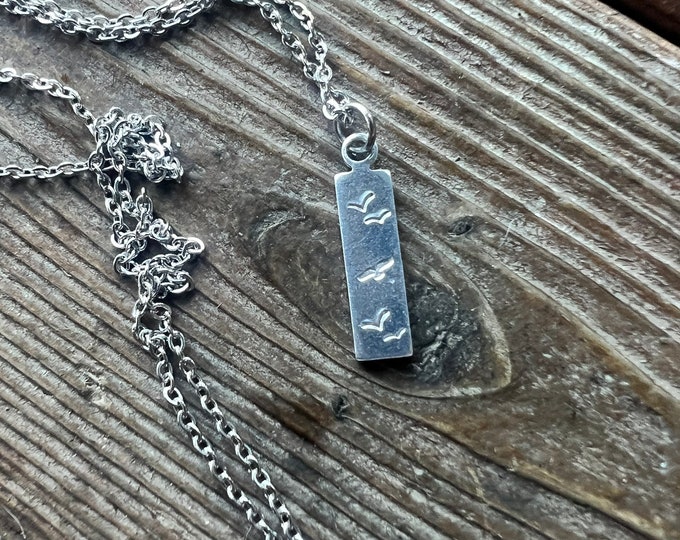 Simple Silver Bird Hand Stamped Necklace, Hypoallergenic, Aluminum, Dainty Bar Necklace, Valentines, Anniversary Gift, Seagulls and Eagle