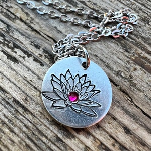 July Birth Flower Simple Necklace, Ruby Birthstone, Water Lily Metal Stamped Charm, Birthday, Mothers Day, Anniversary,New Mom Gift