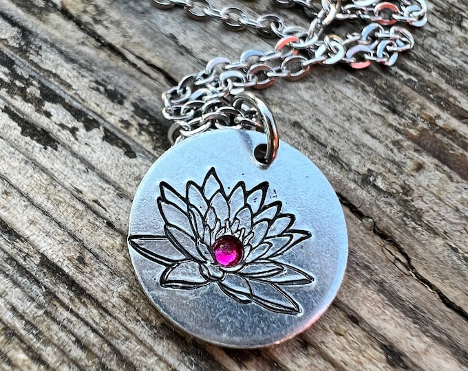 July Birth Flower Simple Necklace, Ruby Birthstone, Water Lily Metal Stamped Charm, Birthday, Mothers Day, Anniversary,New Mom Gift