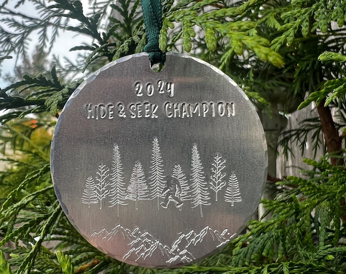 Metal Bigfoot Hide and Seek Champion Ornament, hand stamped silver, gold, copper, evergreens , Christmas tree small ornament, Sasquatch 2024