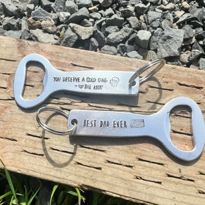 Custom Hand Stamped Bottle Opener Keychain, Silver, Aluminum Personalized Fathers Day Gift, Groomsman, Bridesmaid Favor, College Graduation