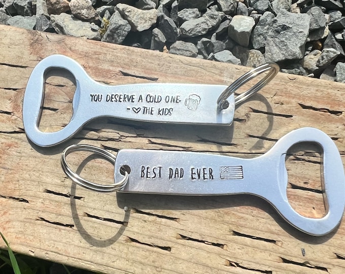 Custom Hand Stamped Bottle Opener Keychain, Silver, Aluminum Personalized Fathers Day Gift, Groomsman, Bridesmaid Favor, College Graduation