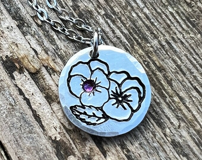February Birth Flower Simple Necklace, Amethyst Birthstone,Violet Metal Stamped Charm, Birthday, Mothers Day, Anniversary,New Mom Gift