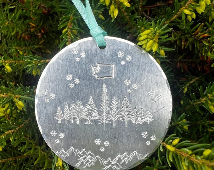 Metal Washington State Ornament, hand stamped silver, gold, copper, snowy trees, evergreens and snowflakes, Christmas tree small ornament