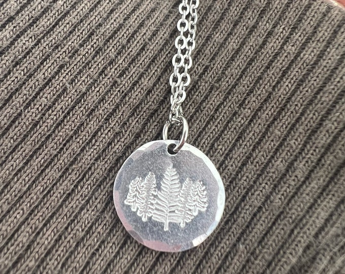 Dainty Silver Evergreen Forest Hand Stamped Round Necklace, Hypoallergenic Aluminum, Hammered Edge, PNW Jewelry, graduation gift