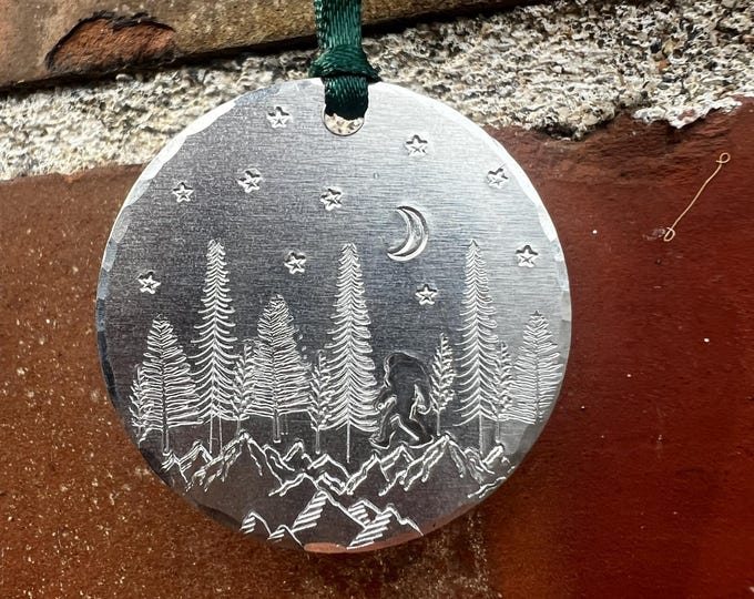 Metal Bigfoot Hiding in Trees, hand stamped silver, gold, copper, forest, evergreens and Sasquatch, Christmas tree small ornament