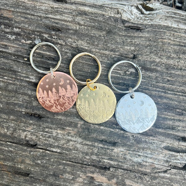 PNW Inspired Forest and Mountains Night Sky Moon Stars Keychain.Metal Stamped Aluminum, Brass, Copper, Stocking Stuffer, Simple Holiday Gift