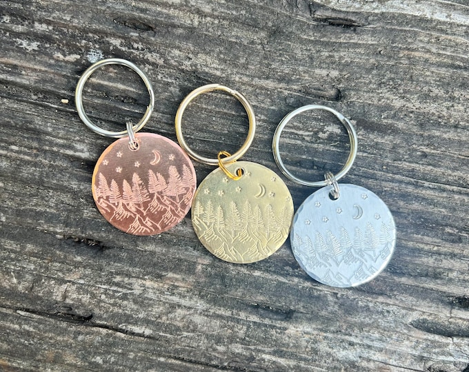 PNW Inspired Forest and Mountains Night Sky Moon Stars Keychain.Metal Stamped Aluminum, Brass, Copper, Stocking Stuffer, Simple Holiday Gift