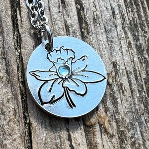 March Birth Flower Simple Necklace, Aquamarine Birthstone, Daffodil Metal Stamped Charm, Birthday, Mothers Day, Anniversary,New Mom Gift