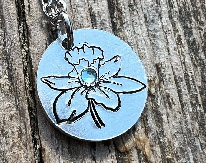 March Birth Flower Simple Necklace, Aquamarine Birthstone, Daffodil Metal Stamped Charm, Birthday, Mothers Day, Anniversary,New Mom Gift