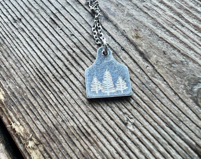Simple, Dainty Evergreen, Pine Tree Silver Hand Stamped Necklace, Hypoallergenic, Aluminum, Valentines, Anniversary Gift, Cow Tag Shape