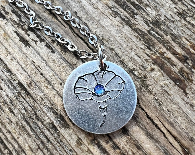 September Birth Flower Simple Necklace, Sapphire Birthstone, Morning Glory Stamped Charm, Birthday, Mothers Day, Anniversary,New Mom Gift