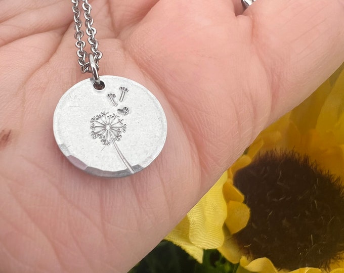 Dainty Silver Dandelion Wish Hand Stamped Round Necklace, Hypoallergenic Aluminum, Hammered Edge, Simple Gift, Birthday, Graduation Gift