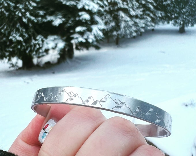 Metal Stamped Mountain Cuff Bracelets, PNW Themed, Lightweight Jewelry, Hypoallergenic, Simple, Valentines Day Gift, Anniversary, Graduation