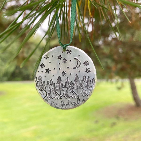 Metal Stamped Christmas Tree Ornament, Small Ornament, PNW ornament, Forest, Trees, Mountain Scene, Hiking Ornament, Christmas Gift