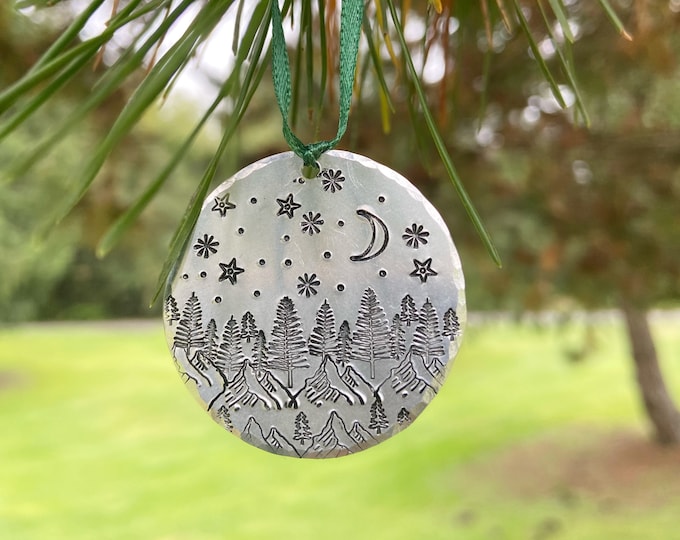 Metal Stamped Christmas Tree Ornament, Small Ornament, PNW ornament, Forest, Trees, Mountain Scene, Hiking Ornament, Christmas Gift