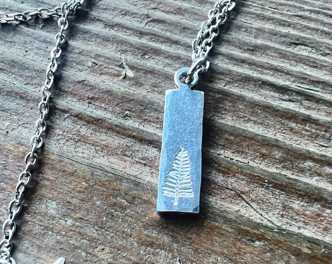 Simple Silver Evergreen Tree Hand Stamped Necklace, Hypoallergenic, Aluminum, Dainty Bar Necklace, Valentines, Anniversary Gift,PNW Inspired