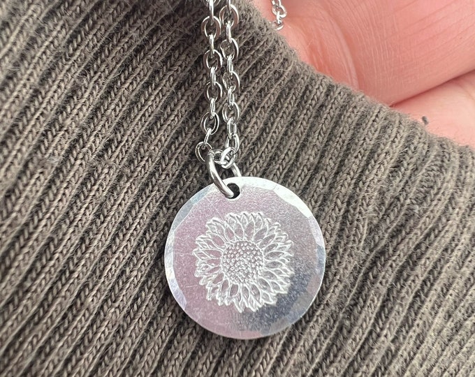 Dainty Silver Sunflower Hand Stamped Round Necklace, Hypoallergenic Aluminum, Hammered Edge, Sunflower Jewelry, Simple Gift, Birthday Gift