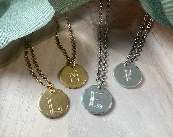 One Initial Simple Monogrammed Small Round Stamped Necklace. Silver and Gold Minimalist Charm Necklace, Valentines Day Gift, Anniversary