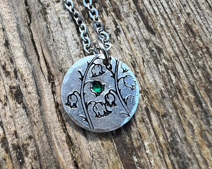 May Birth Flower Simple Necklace, Emerald Birthstone,Lily of The Valley Metal Stamped Charm, Birthday, Mothers Day, Anniversary,New Mom Gift