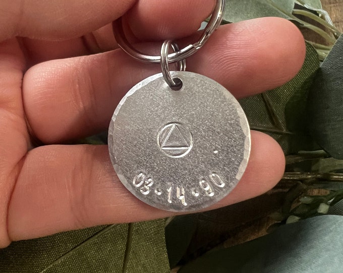 Sobriety Date Keychain, Rehab graduation gift, AA Sober Keychain, Silver, Small Reminder Keychain Sober Anniversary, Getting Clean Gift
