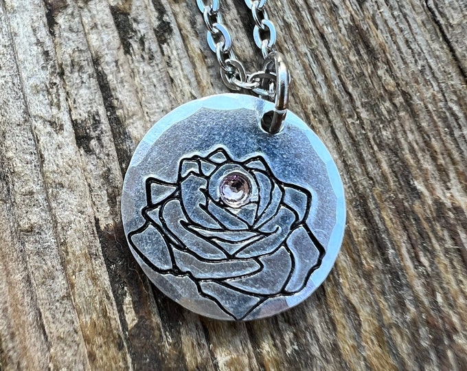 June Birth Flower Simple Necklace, Light Amethyst Birthstone, Rose Metal Stamped Charm, Birthday, Mothers Day, Anniversary,New Mom Gift