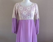 1960s Bohemian Crochet Dress Purple 8 10 MEDIUM 60s Gown Hippie Boho Dress Peasant