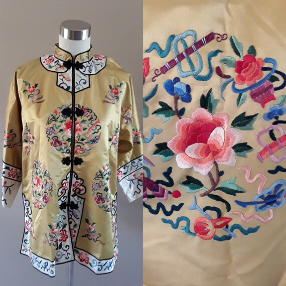Chinese Silk Jacket-Gold-LARGE-1960's jacket Embro