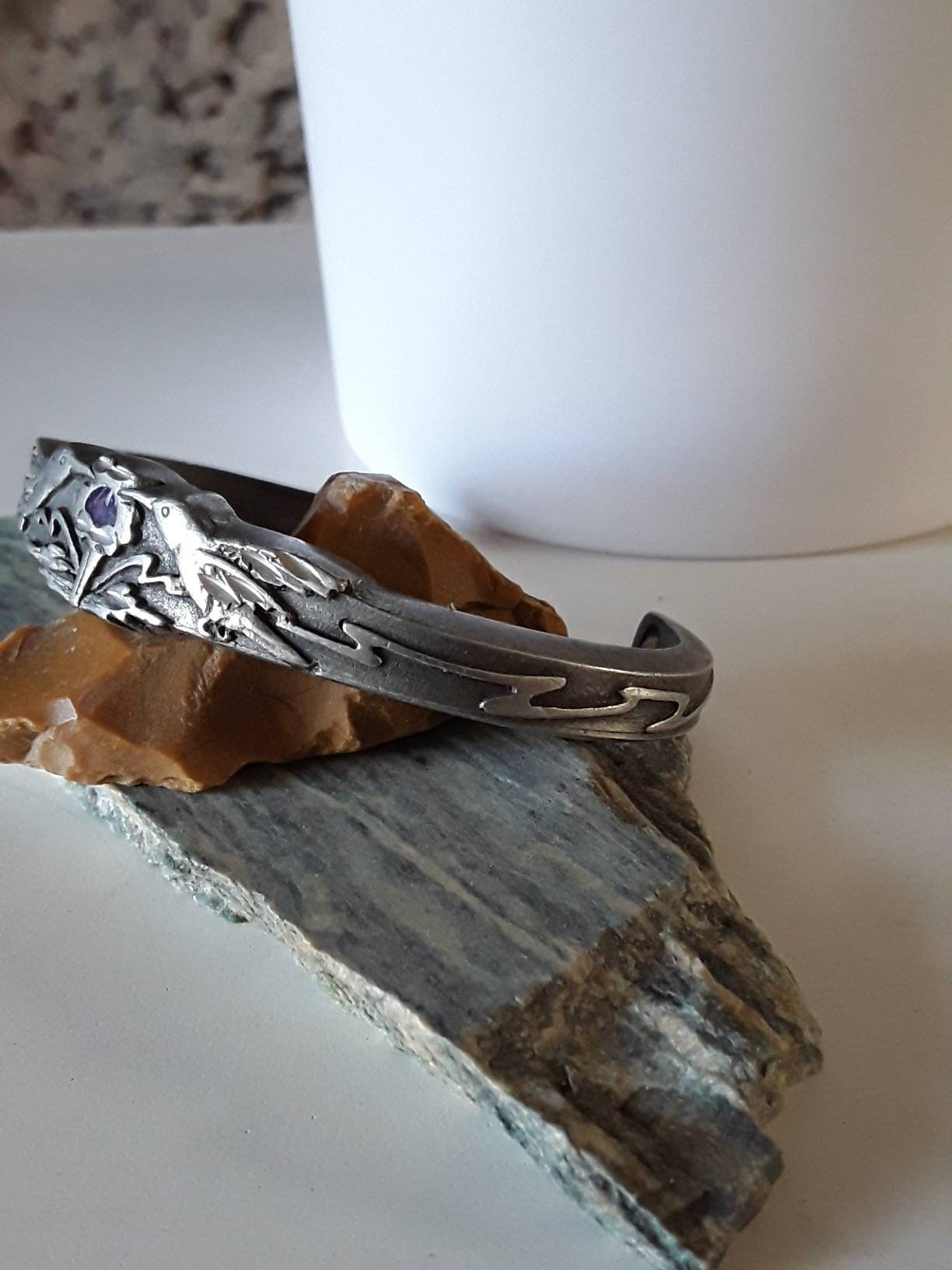 70s Boho/silver Toned Enamel Inlaid Hummingbird Cuff Bracelet | Etsy