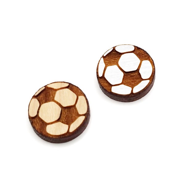 Soccer Ball Stud Earring Blanks, Engraved Wood Jewelry Cabochon Blanks, Small Wood Shapes, GT-00-0097