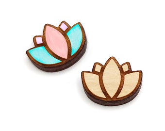 Lotus Stud Earring Blanks, Engraved Wood Jewelry Cabochon Blanks, Small Wood Shapes, GT-00-0088