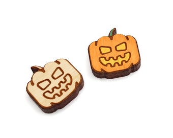 Jack-O-Lantern Stud Earring Blanks, Engraved Wood Jewelry Cabochon Blanks, Small Wood Shapes, GT-00-0091