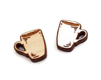 Coffee Mug Stud Earring Blanks, Engraved Wood Jewelry Cabochon Blanks, Small Wood Shapes, GT-00-0054