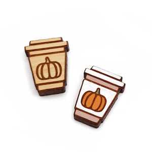 Fall Pumpkin Latte Stud Earring Blanks, Engraved Wood Jewelry Cabochon Blanks, Laser Cut & Engraved Small Wood Shapes, GT-00-0383