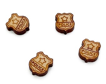 Police Badge Engraved Wood Cabochons, Engraved Wood, Wood Flat Back, Earring Supplies, Mini Wood Shapes, GT-00-0332